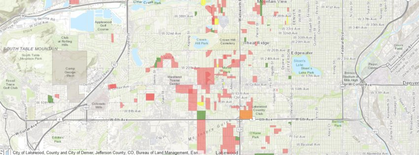 A part of a map shows housing areas where racially restrictive covenants were located in Jefferson County. This part of the map includes part of Lakewood, Wheat Ridge and Golden. Red areas had the covenants, green areas did not and yellow areas were unclear.
